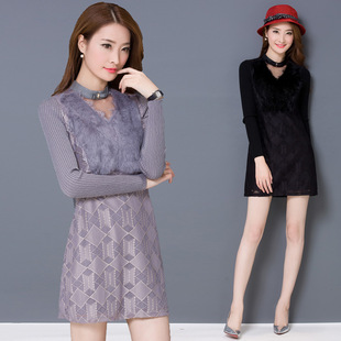 2015冬季新款韩版蕾丝打底衫女中长款兔毛加绒加厚保暖长袖连衣裙