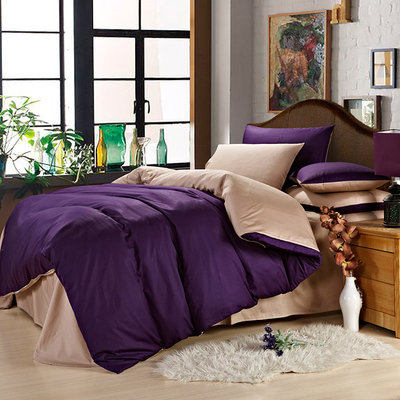 胡师傅家纺 床上用品 欧式全棉活性纯色四件套 深紫配驼色