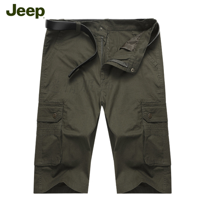 Jeep夏季薄款运动休闲男士纯棉军绿色宽松多口袋七分裤工装短裤