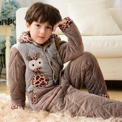 男女童夹棉睡衣加厚保暖法兰珊瑚绒家居服套装冬季儿童男孩大童
