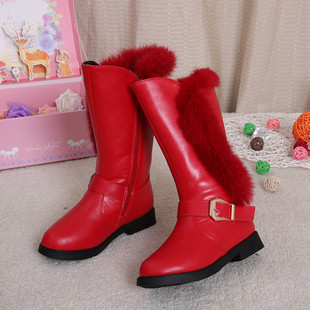 2015冬季新款儿童牛皮棉靴子中大女童高筒靴女孩韩版公主兔毛皮鞋