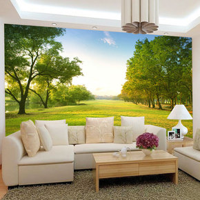3d立体风景墙纸壁纸壁画客厅沙发电视背景墙布无缝无纺布树林草地
