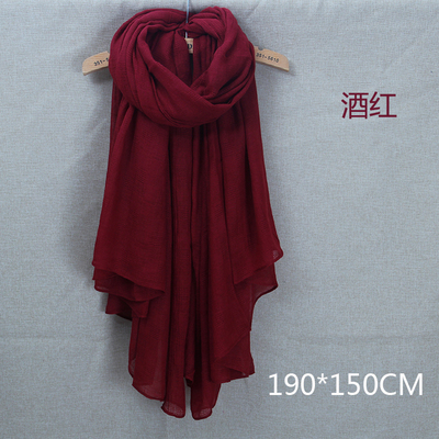 棉麻围巾女士肌理纯色秋冬季韩版围巾披肩两用超长款文艺学生酒红