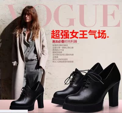 2015春秋季新款真皮系带单鞋女士高跟皮鞋黑色上班工作鞋粗跟女鞋