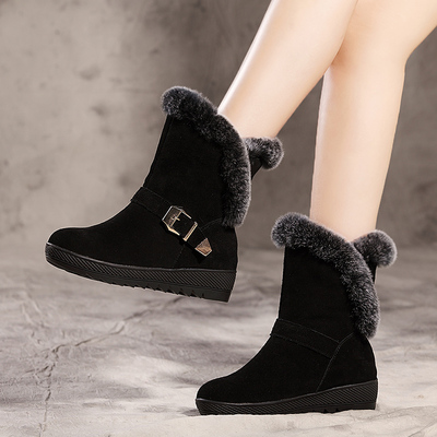 新款冬季雪地靴真皮平底中跟中筒女靴兔毛内增高厚底加绒保暖棉靴