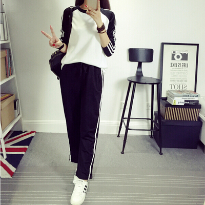 最新秋季韩版女士条纹长袖T恤+运动休闲长裤休闲紧松运动套装韩式