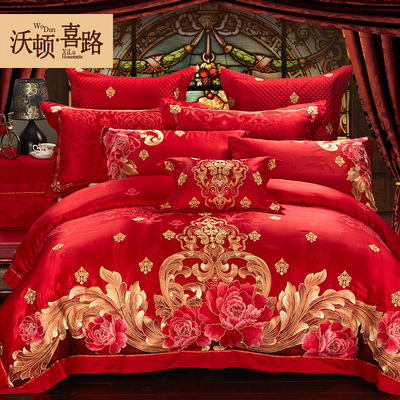 沃顿·喜路中式大红色刺绣结婚四件套婚庆床品牡丹贡缎新婚十件套