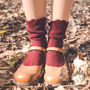 6双包邮袜子女秋冬季CARAMELLA日系复古蕾丝中筒女士堆堆袜棉袜子