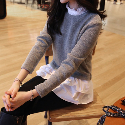 2015秋款女装衬衫韩版修身荷叶边针织衬衣长袖假两件打底衫潮衫