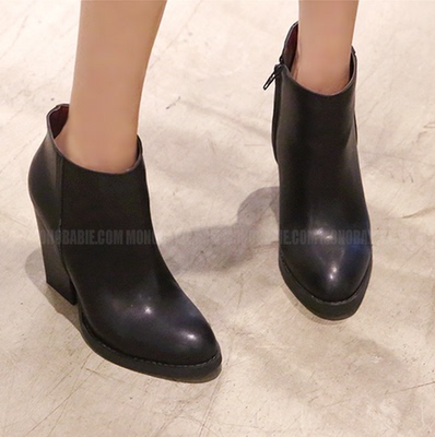 韩国代购女鞋15秋新款正品欧美侧链简约高跟粗跟短靴单靴皮靴