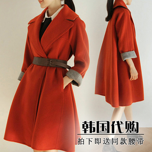 韩国代购2015新款秋冬装茧形显瘦中长款毛呢外套女羊毛呢子大衣潮