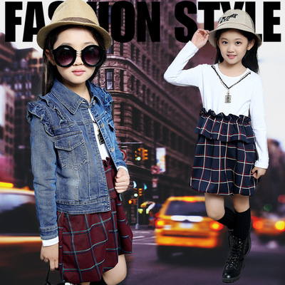 童装女童新款2015女孩韩版中大童厚版两件套潮牛仔裙套装