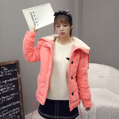 2015冬季女装新款韩版加厚加绒羊羔毛连帽纯色修身棉服棉衣外套女