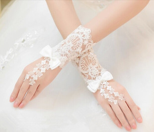 2016新款新娘手套钉珠蝴蝶结蕾丝婚礼 露指手套韩式短款手套包邮