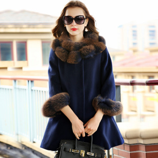 2015冬季新款女装奢华狐狸大毛领呢子大衣中长款羊毛呢大衣外套女
