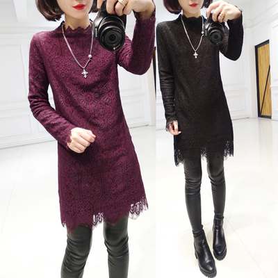 2015冬装新款女装韩版蕾丝钩花加绒加厚长袖打底裙中长款连衣裙子