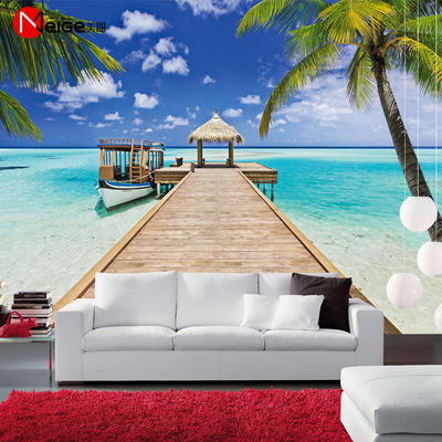 3d大型定制壁画沙发电视背景墙纸马尔代夫海景风景栈道延伸空间