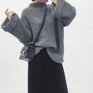 Axin女装2015冬季新品 欧美韩气质百搭纯色粗线半高领喇叭线毛衣