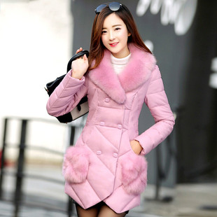 修身时尚显瘦PU皮棉衣女2015冬装新款中长款毛领棉服加厚棉袄外套