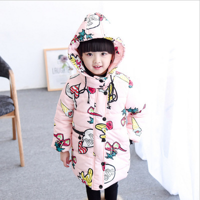 2015冬款韩版新款百塔时尚印花连帽中长款女童棉衣 包邮