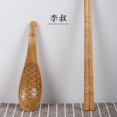 日式和风餐具 荷木筷勺套装 竹节筷子手工环保木筷子创意鱼纹勺子