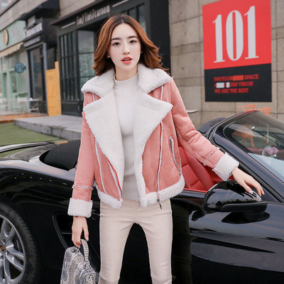 2015冬装新款韩版翻领加绒加厚短款毛妮外套女 麂皮羊绒大衣潮