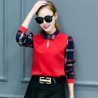 2016秋装新款韩版T恤女长袖修身显瘦上衣拼色格子打底衫潮