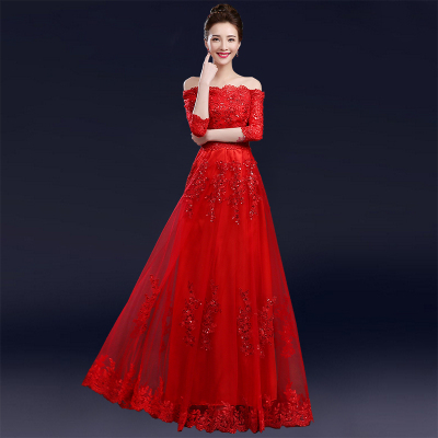 婚纱礼服2016新款韩版大码显瘦敬酒服新娘孕妇红色长款中袖一字肩