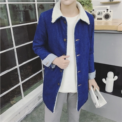 2016秋冬季新款韩版修身男士中长款牛仔风衣加厚男装青年棉衣外套