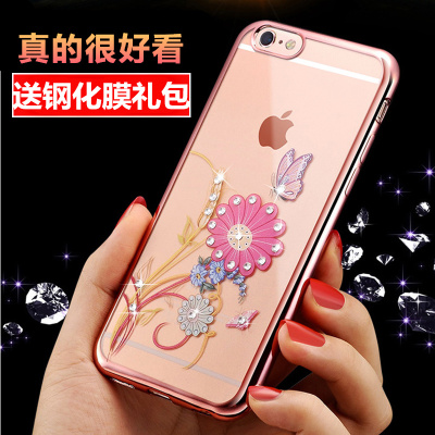 iphone6s手机壳女玫瑰金苹果6 plus套硅胶软透明水钻花朵潮全包边