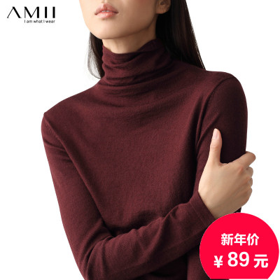 Amii女2015秋冬高领毛衣女套头薄长袖堆堆领打底衫修身显瘦针织衫