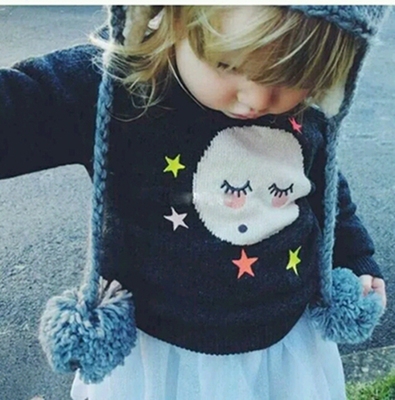 2015年秋冬款儿童宝宝女童针织衫笑脸月亮可爱全羊绒套头毛衣