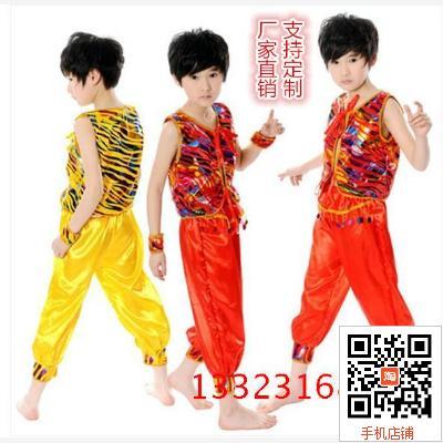 春节男童亮片街舞演出服幼儿舞蹈表演服马夹套装斑马纹舞台服红黄