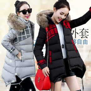 2015冬装韩版女式棉袄修身连帽棉服格子拼接时尚中长款女款潮棉衣