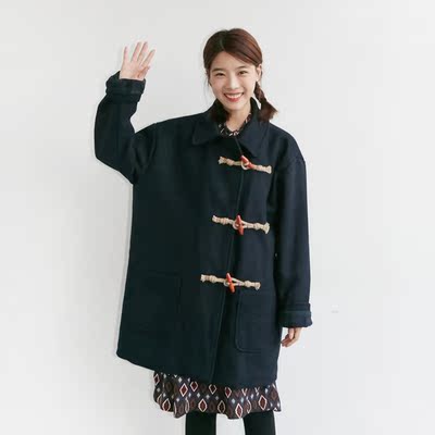韩国单学院风复古冬装新品夹棉加厚牛角扣中长款毛呢外套呢子大衣