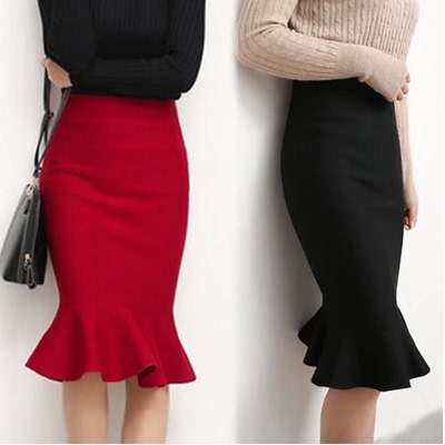 2015韩版秋装新款高腰弹力针织荷叶边鱼尾裙半身裙一步裙包臀裙女