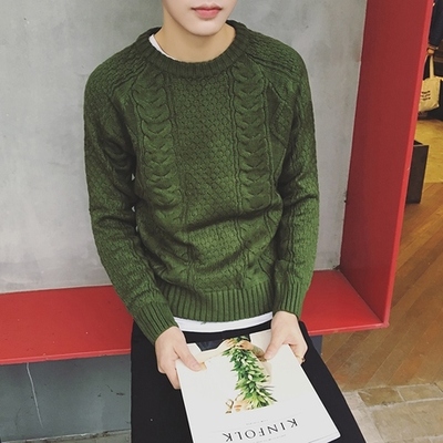 2015冬季新款男装小清新绿色圆领套头毛衣男针织线衫
