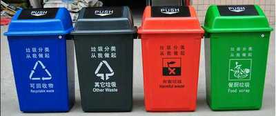 户外室内分类垃圾桶蓝色可回收物绿色灰色有毒有害红色分类垃圾箱