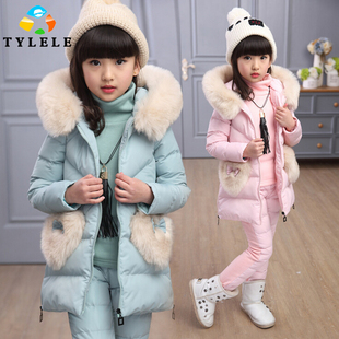 女童童装2016新款中大童女孩韩版可爱纯色连帽保暖加厚棉衣三件套