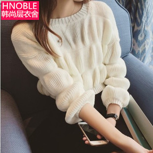 2015秋季新款韩版纯色宽松短款针织衫女甜美泡泡长袖圆领套头毛衣