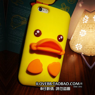 立体小黄鸭iphone4s/5s/6手机壳 苹果6plus硅胶套 大黄鸭支架外壳