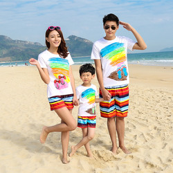 沙滩亲子装夏装韩国卡通亲子家庭装情侣短袖亲子沙滩裤速干家庭装