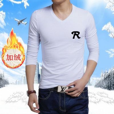 百搭冬季男士打底加绒长袖T恤加厚上衣韩版青春学生修身纯色白T恤