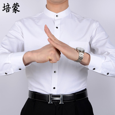 正品培蒙中华立领衬衫男士长袖休闲圆领纯黑 白色免烫单衬衣