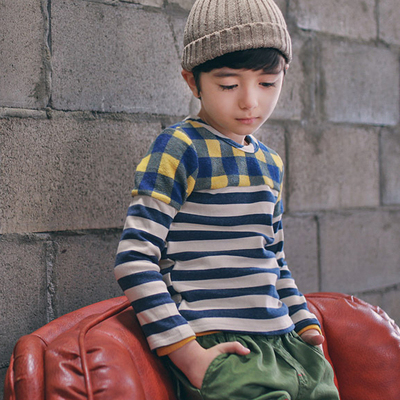 韩国童装男童长袖T恤中大童圆领上衣2016秋装新款韩版儿童条纹T恤