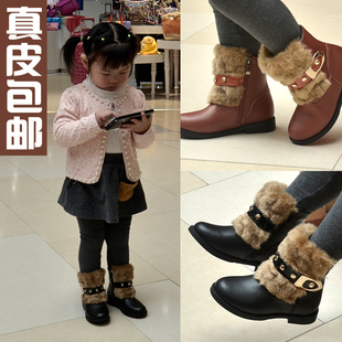 女童靴2015冬季新款儿童低筒短靴女童兔毛棉靴韩版公主保暖真皮靴
