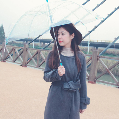 2015新款韩版系带圆领中长款纯色羊毛加夹棉加厚毛呢外套女包邮