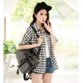 2015夏季新款衬衫 女韩版甜美百搭时尚小格子衬衣女 短袖衬衣薄