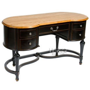 出口法美式乡村复古实木书桌 做旧黑色古典弧形踏脚五抽写字桌