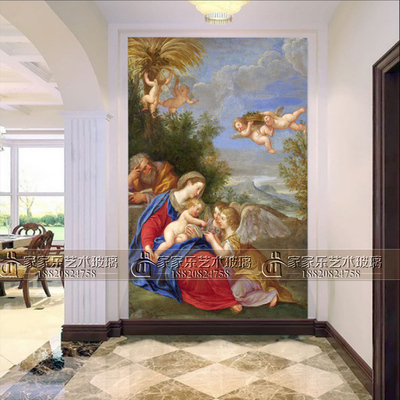 艺术玻璃专业定制裸照玄关背景墙屏风 圣母圣婴与小天使古典油画